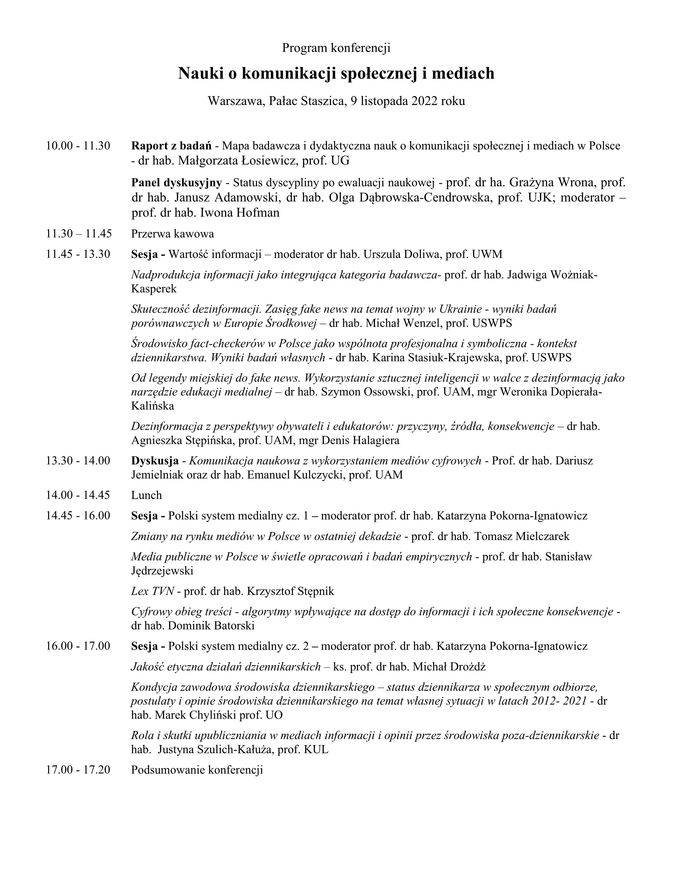 Program konferencji Nauki o komunikacji społecznej i mediach aktualizacja1